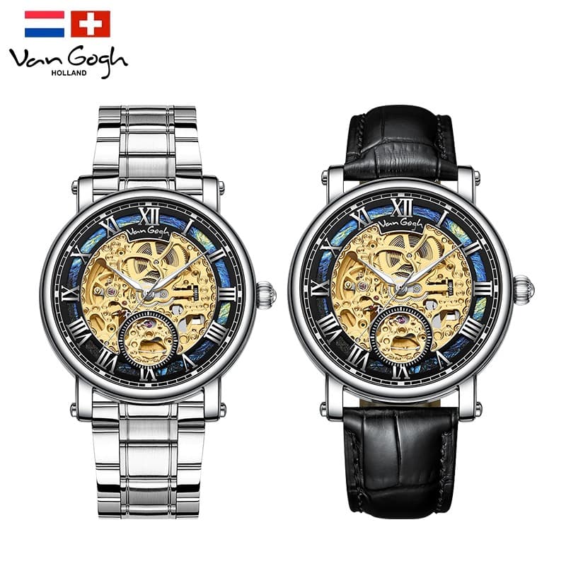 VAN GOGH Starry Night Series Blue Dial Skeleton Mechanical Movement Watch Daily Waterproof Starry Night
