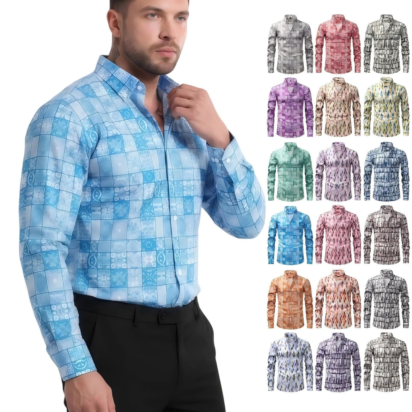 JianaCross-Border Four-Way Stretch Digital Print Long-Sleeve Collared Men's Shirt, High-End Men's Shirt, Men's Clothing Wholesale