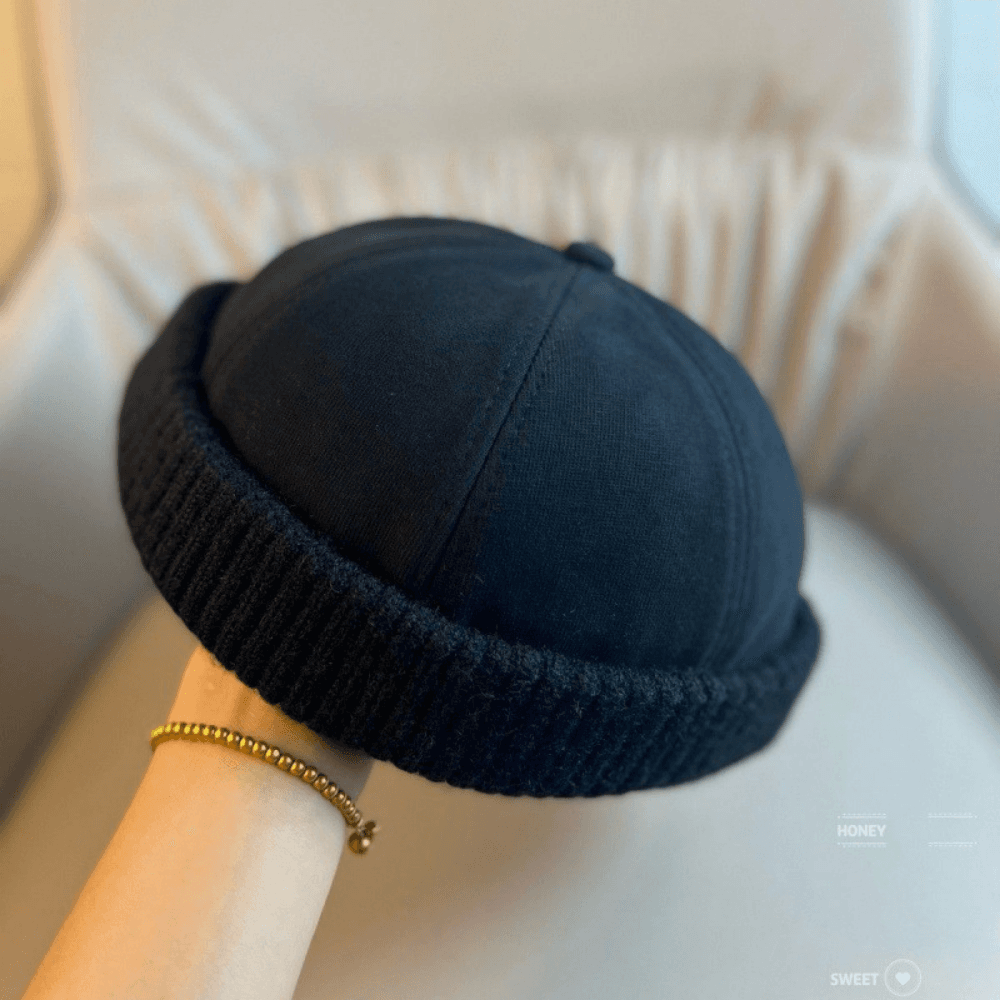 Patchwork Knitted Rolled-edge Vegetable-pulp Hat For Autumn And Winter, Made Of Cotton, With A Retro And Simple Design, Suitable For Workwear, Without A Brim, For A Lord-like Look