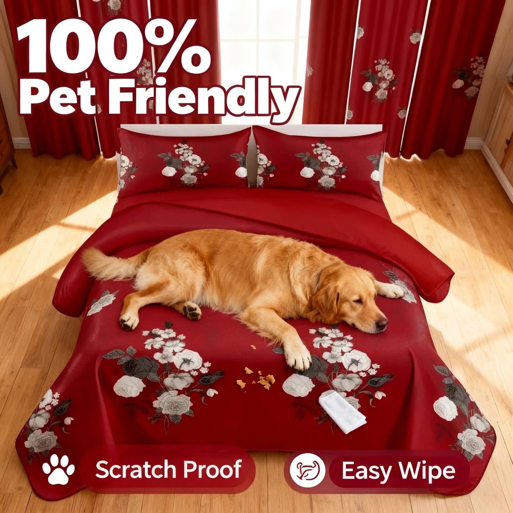 9-Piece Red Floral Quilt and Curtain Set, Reversible Microfiber Bedspread with 2 Pillow Shams and 6 Window Curtains, Queen, King and California King