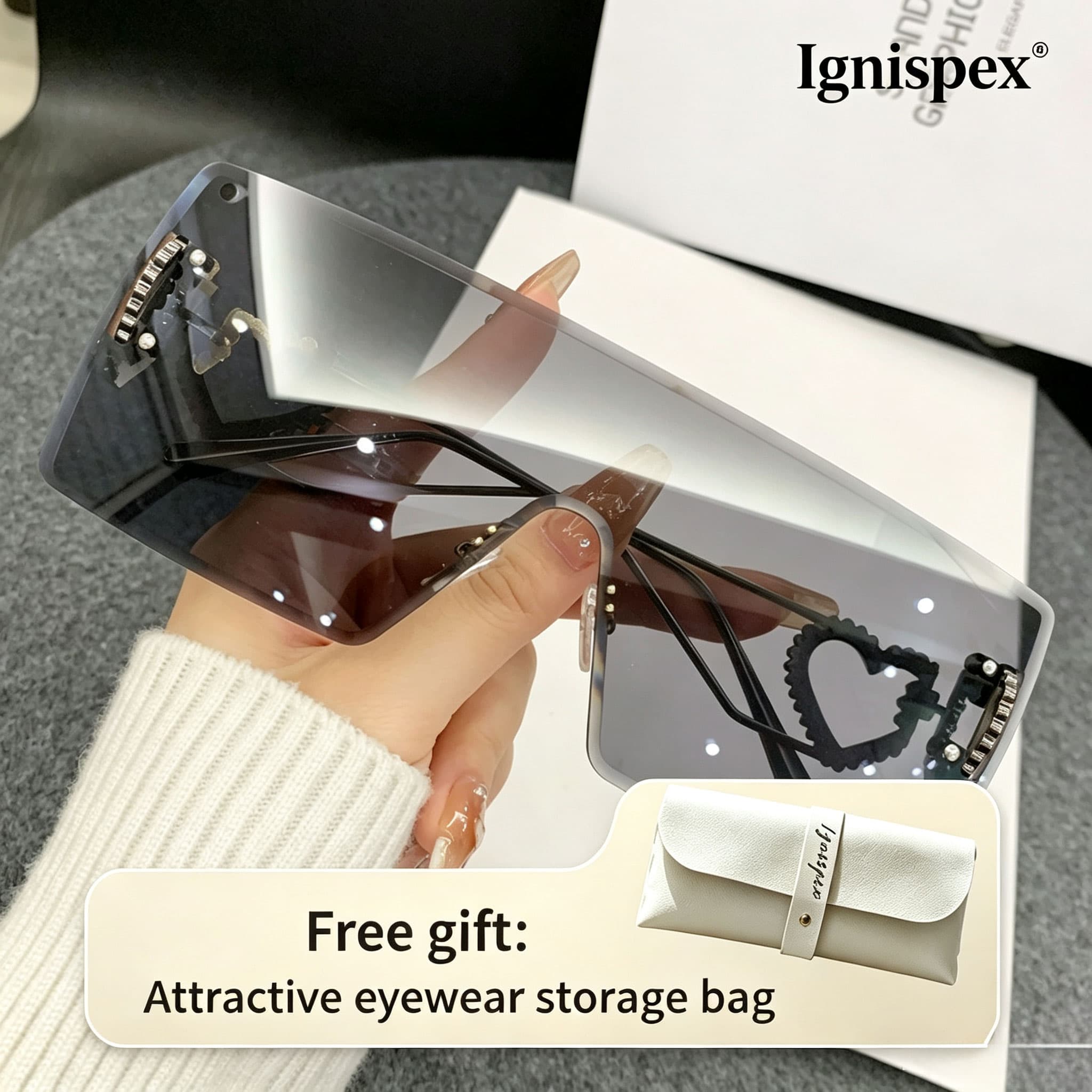 Oversized Shield Rimless Sunglasses, Gradient Gray Lens, Rhinestone Decor, Comes With Free Storage Bag.