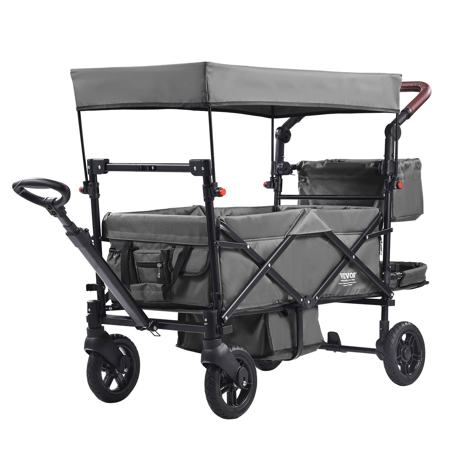 Wagon Stroller For 2 Kids, Push Pull Quad Collapsible Stroller With Adjustable Handle, Encircling Harness Removable Canopy, 4 Wheels W/ Brakes, Mutifunction Tandem Stroller For Camping Dark Grey