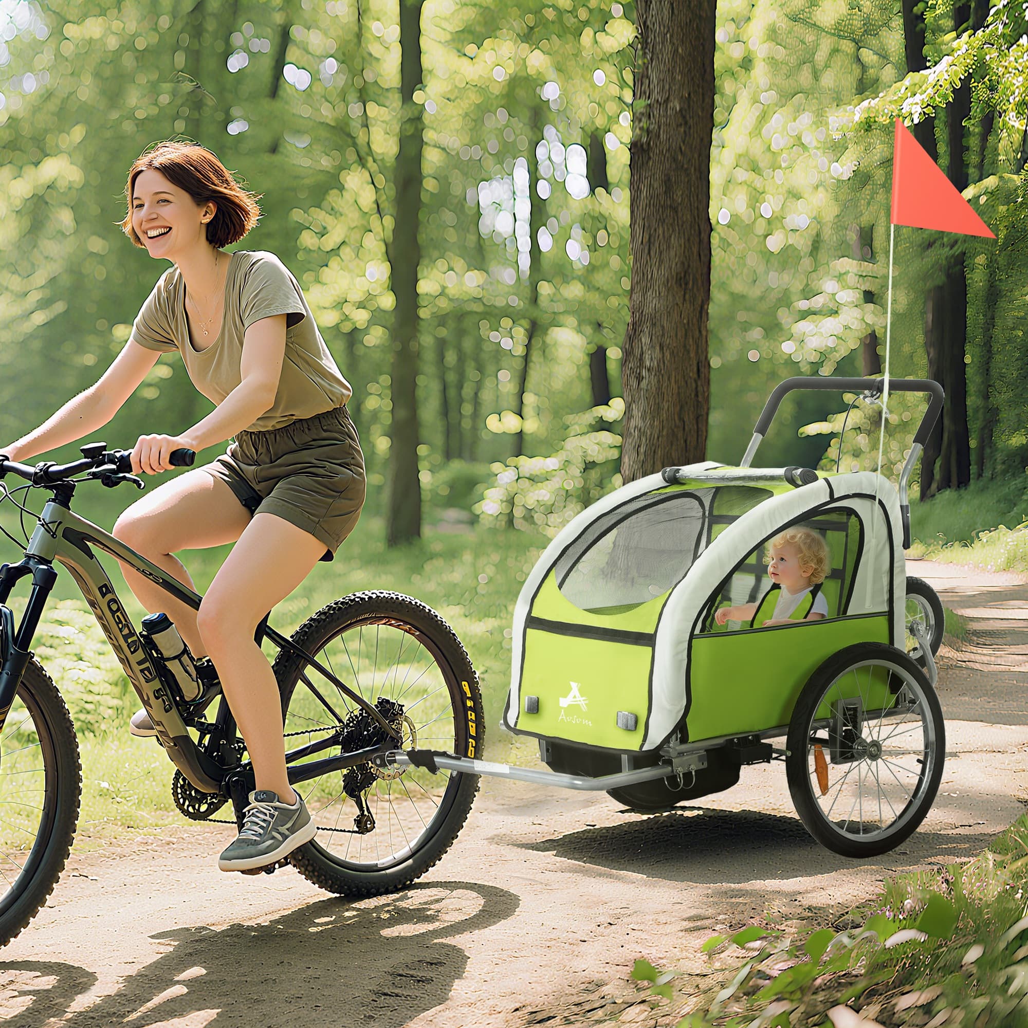 2-Seat Elite 360 Swivel Bike Trailer for Kids Bicycle Cargo Trailer with Water-Resistant Windows, Green and White