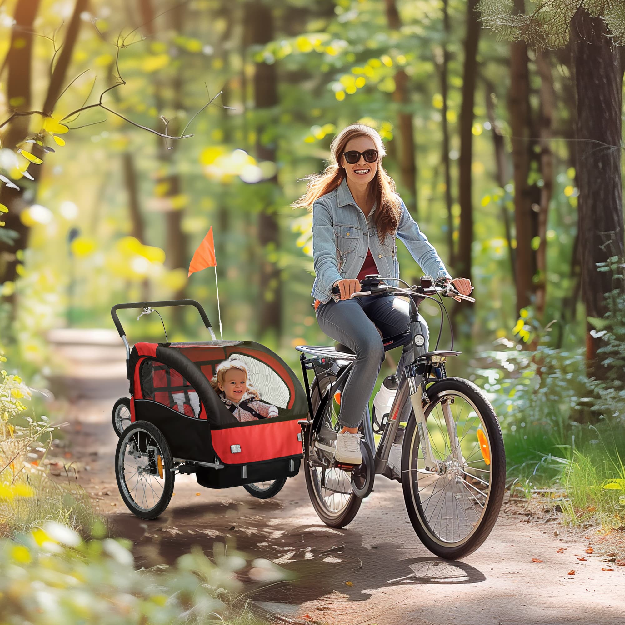 2-Seat Elite 360 Swivel Bike Trailer for Kids Bicycle Cargo Trailer with Water-Resistant Windows, Black and Red