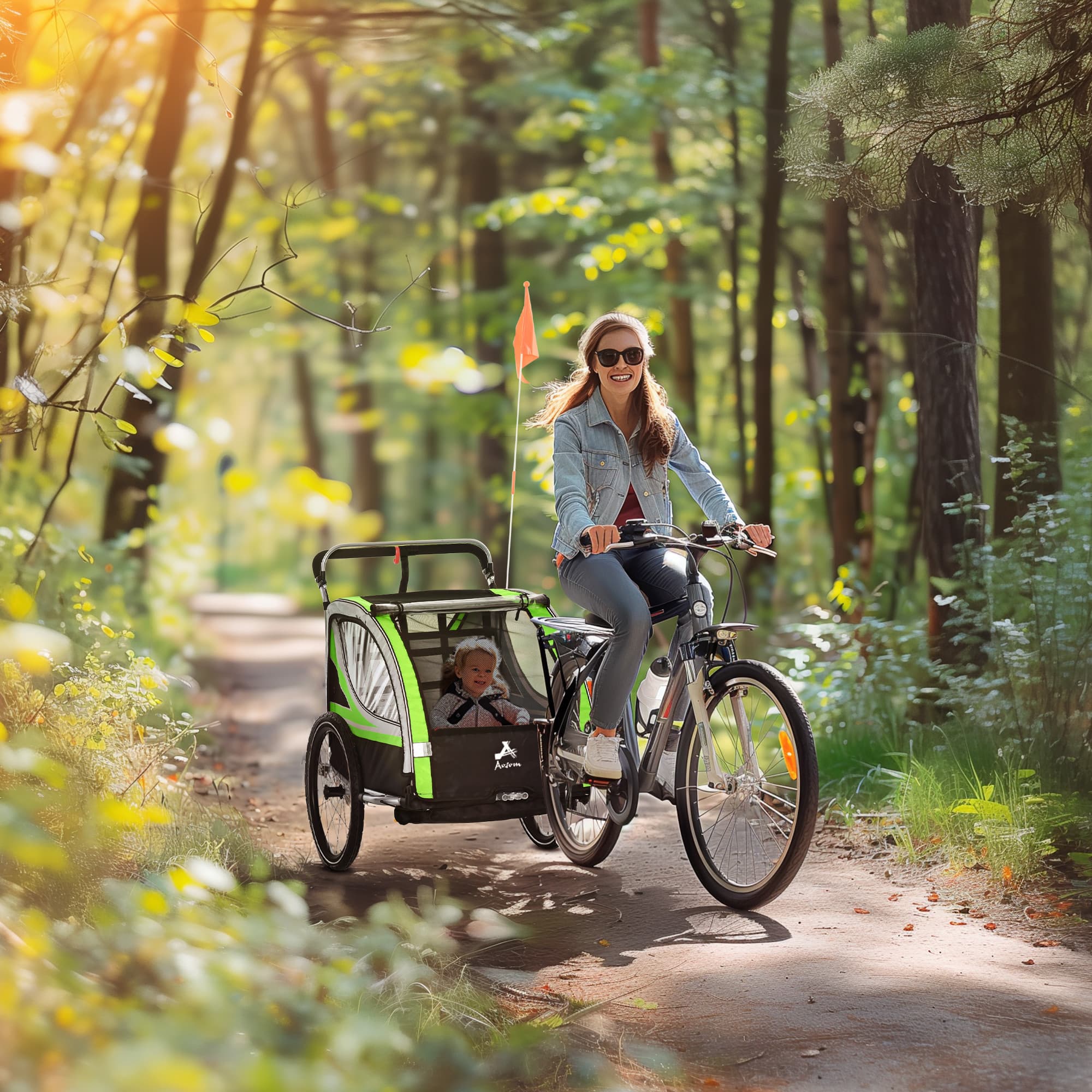 3-in-1 Bike Trailer for Kids, Running Stroller with 2 Seats, Jogging Cart with 5-Point Harness, Storage Units, Green