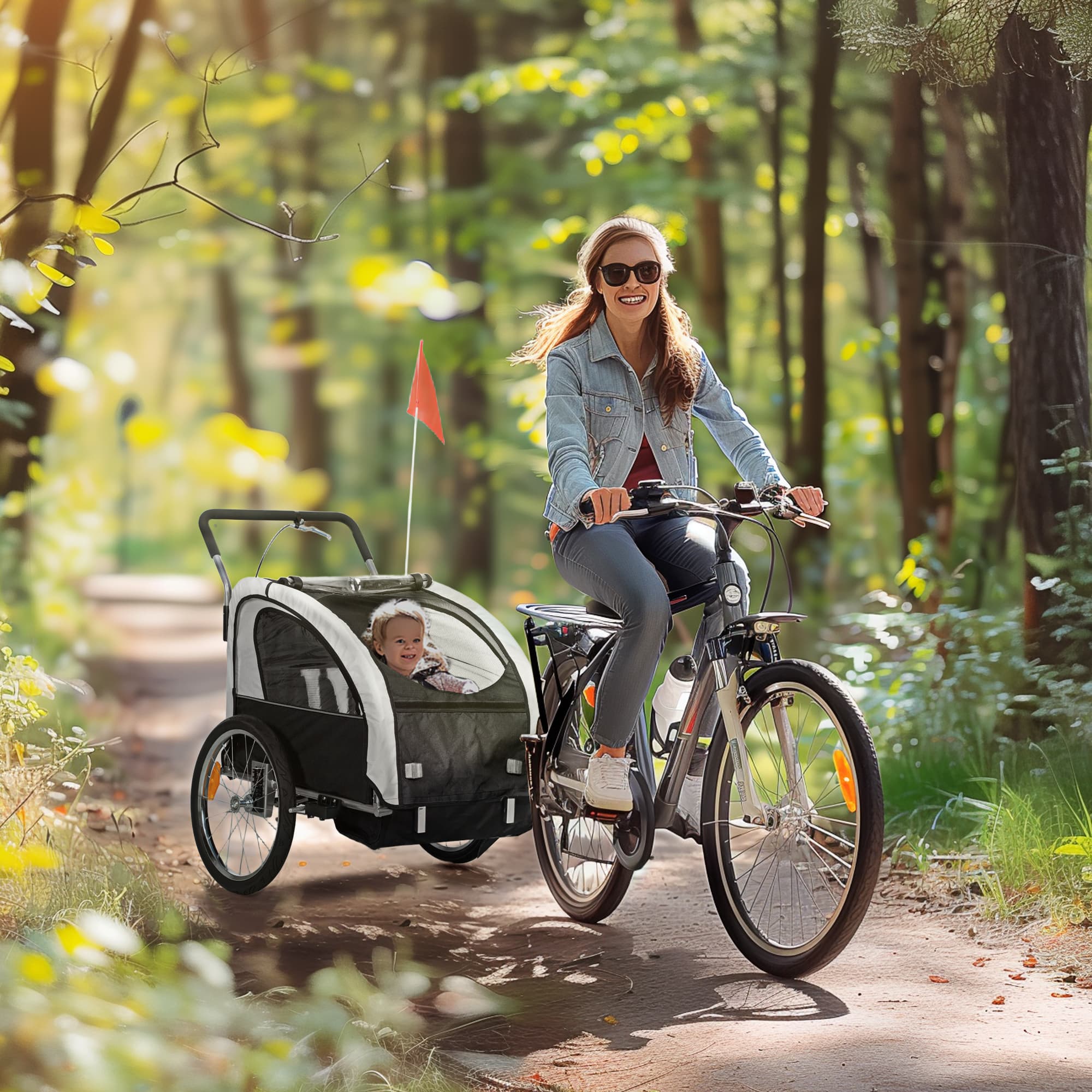 2-Seat Elite 360 Swivel Bike Trailer for Kids Bicycle Cargo Trailer with Water-Resistant Windows, Black and White
