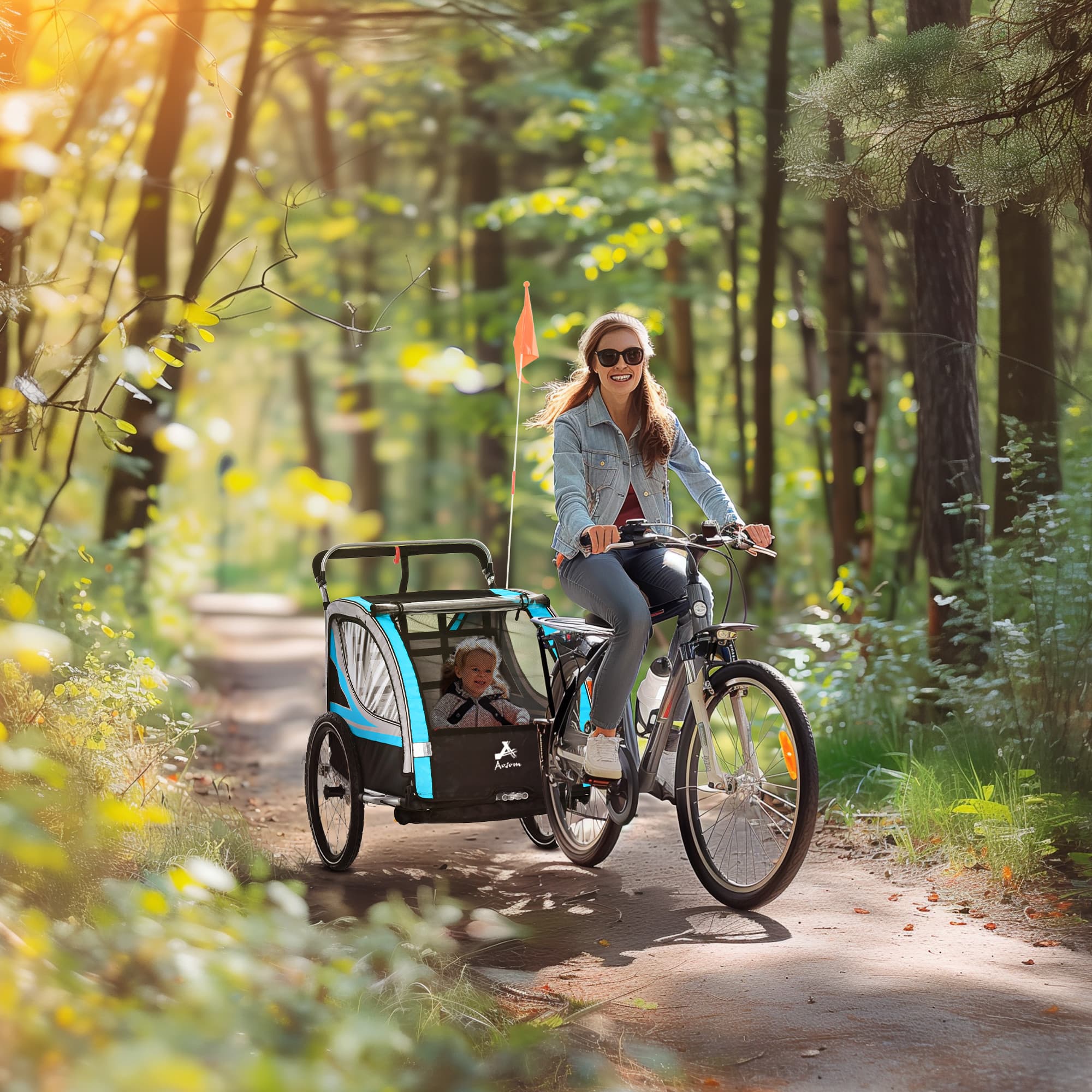 3-in-1 Bike Trailer for Kids, Running Stroller with 2 Seats, Jogging Cart with 5-Point Harness, Storage Units, Blue