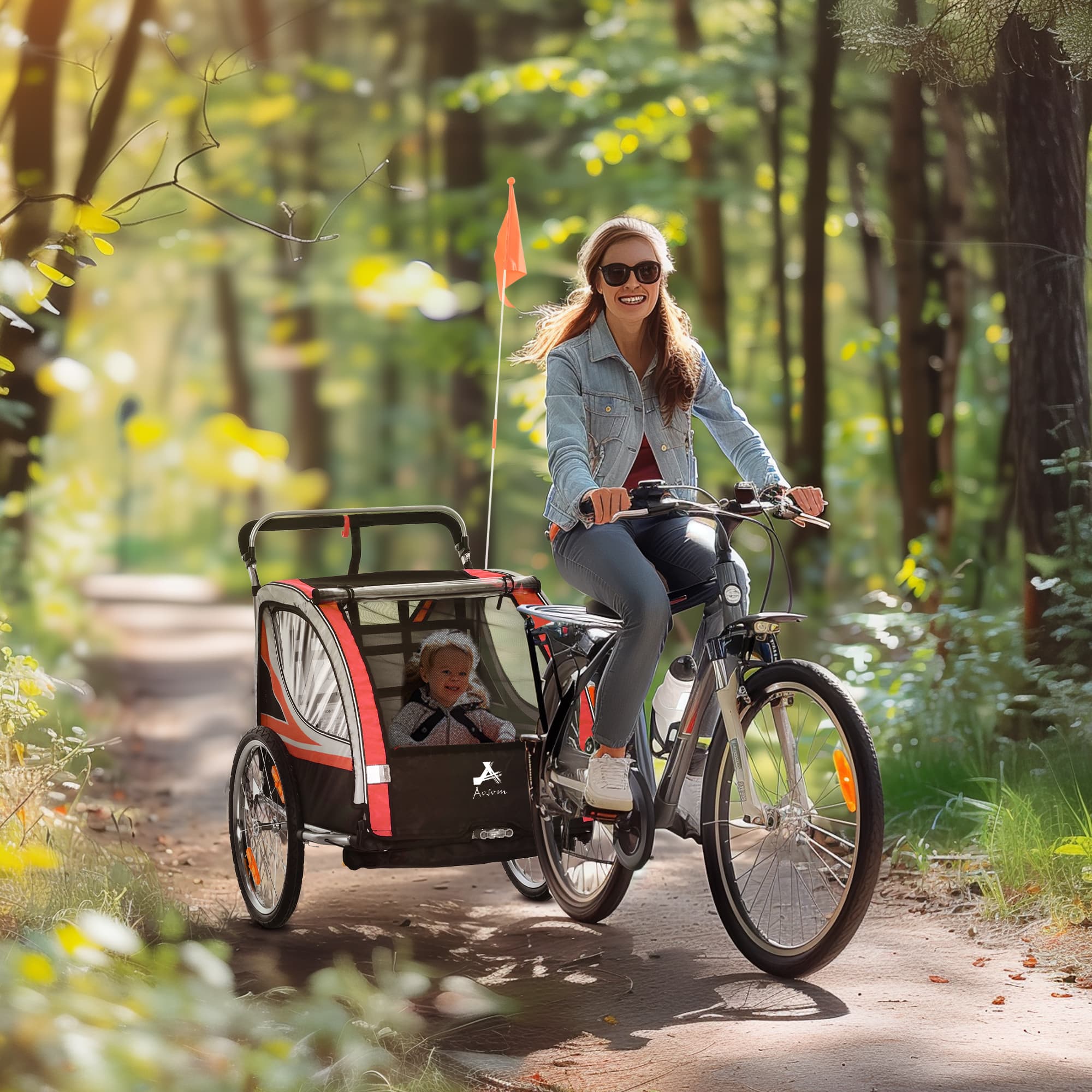 2-in-1 Walk/Ride Child Baby Bike Trailer for Kids 2 Seater, High-Visibility Bike Stroller for Toddler Wagon, Weather-Strong Double Bicycle Trailer Accessory, Red