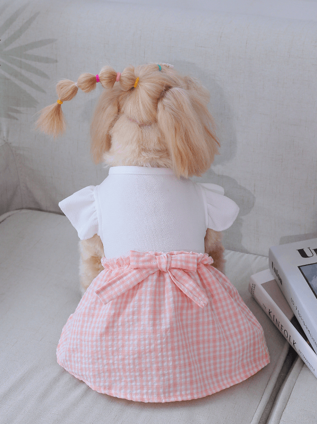 Pet dress-Flying sleeve plaid-pink-m-polyester-1 piece