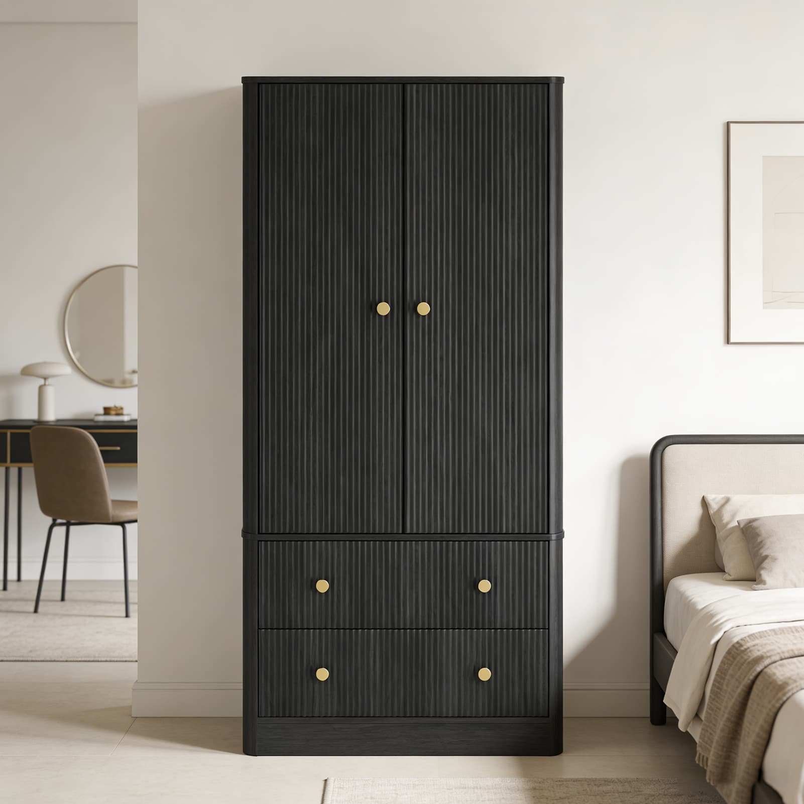Clothing Wardrobe 2 Doors 2 Drawers Elegant Wave Pattern Wooden Freestanding Large Capacity Storage Cabinet For Bedroom Living Room Office