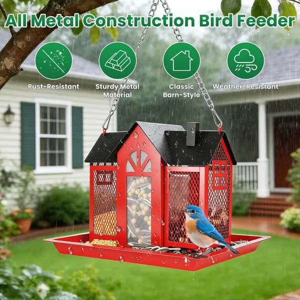 Metal Hanging Bird Feeder House Classic Barn Bird Feeder House Iron Hanging Outdoor Feeder With Visible Window And Lift Top Lid 15.75in Hanging Length Wild Birds Garden Yard Red&White