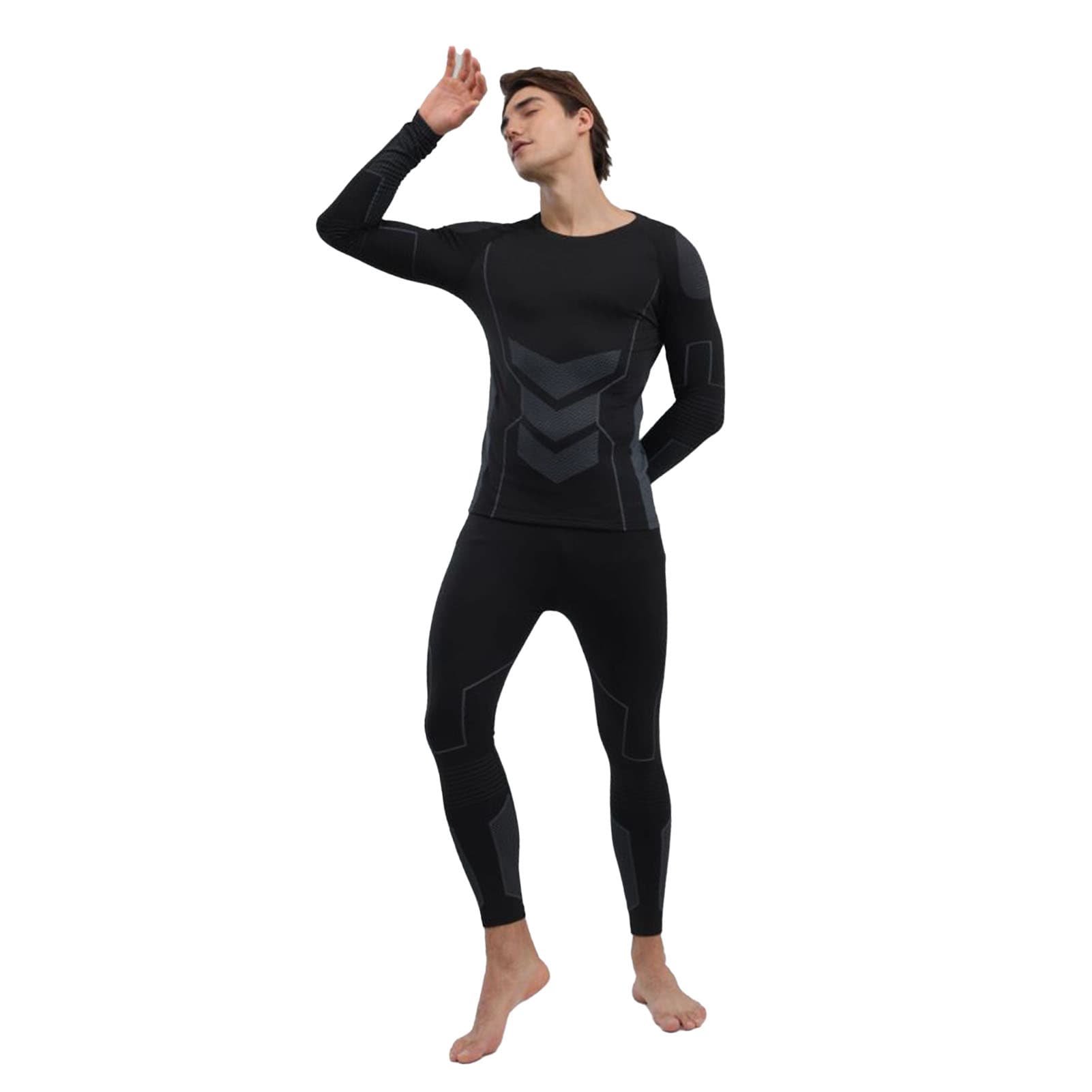 Men Thermal Underwear Set Shirt Pants Autumn Slim Fit Thermal Underwear Top Bottom Set Black S