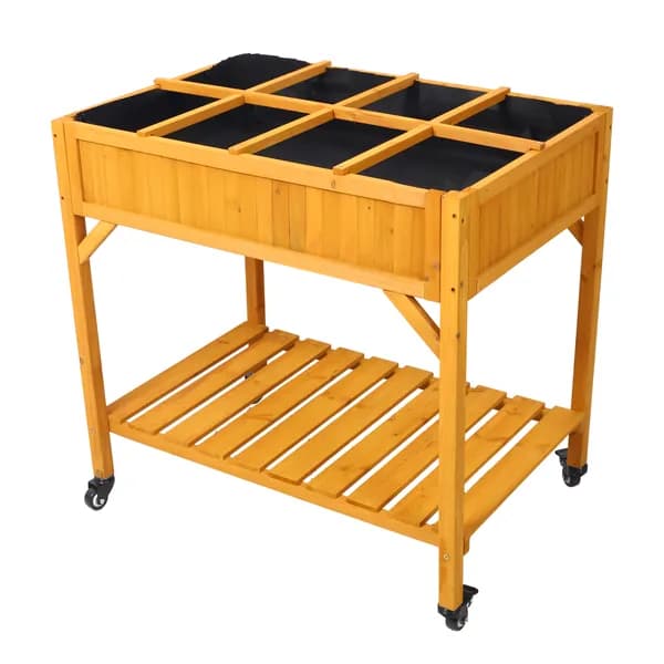 Elevated 8 Pocket Herb Garden Bed, Mobile Raised Customizable Wood Planter For Herbs, Vegetables, Flowers W/ Lockable Wheels, Storage Shelf, Drainage Holes