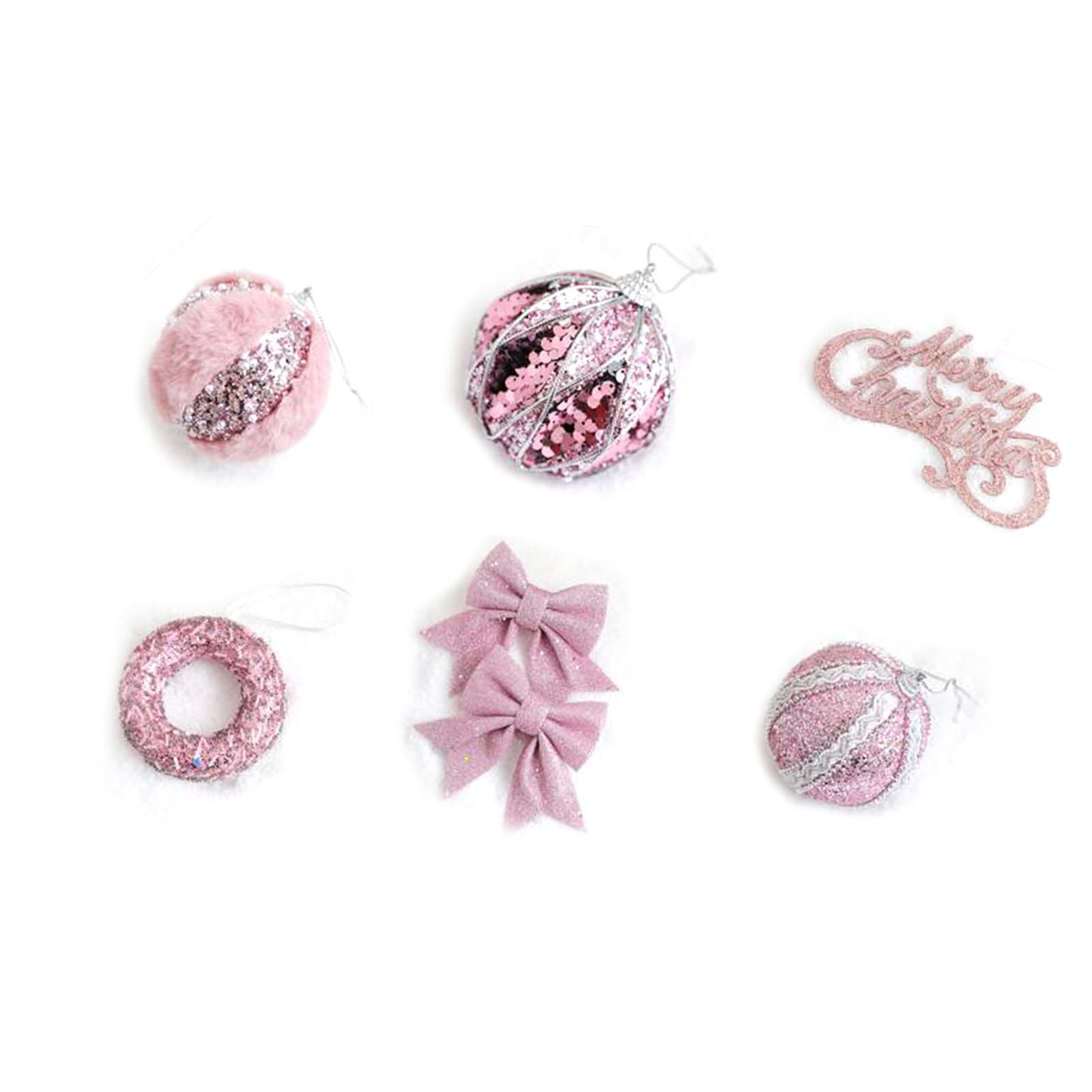 6Pcs Xmas Tree Decoration Sequin Plush Bow Ball Donut Letter Sign Tree Decor Set Pink Color