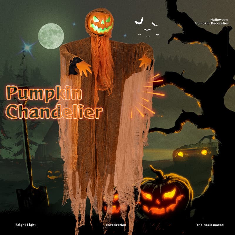 Hanging Pumpkin Ghost Decoration Green Flashing Light Sound Effect Rotatable Head Scary Hanging Pumpkin Ghost Props Ornament For Party Bar