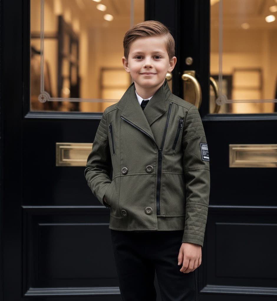 Boys Military Style Jacket Kids Cotton Coat Green Black Smart Outerwear 4-9Y