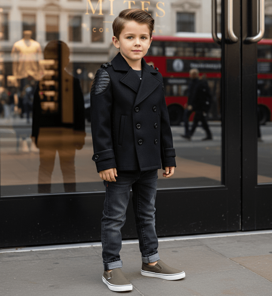 Boys Short Black Cashmere Coat 3-7Y Double Breasted Warm Trendy Jacket