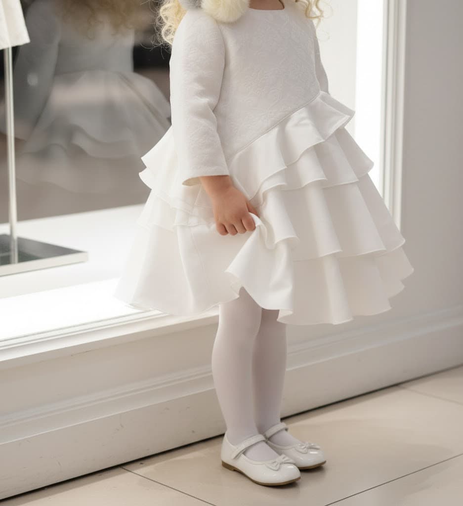 Girls Princess White Jacquard Satin Dress Elegant Multi-Layer Party Wear 2-10Y