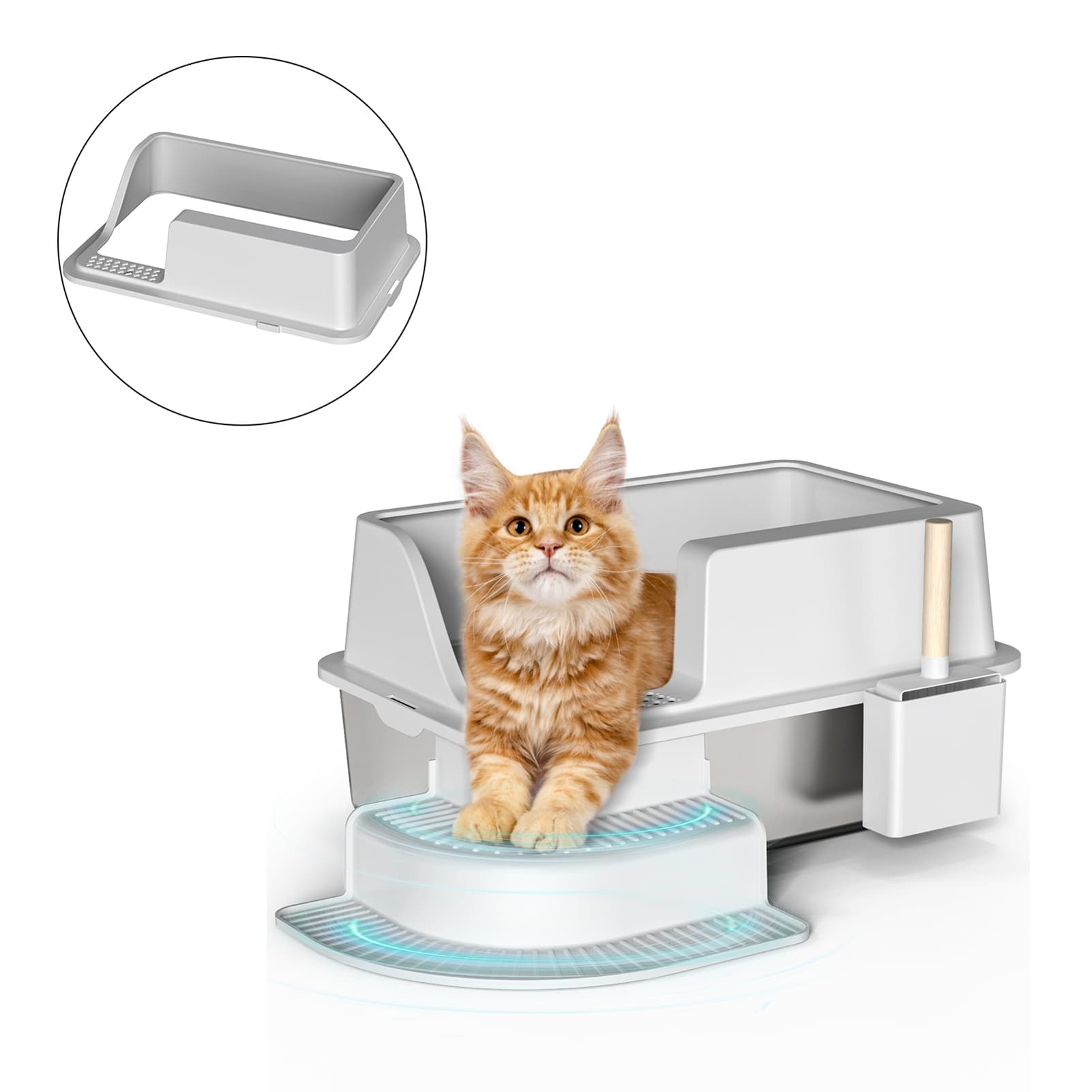 30L Semi Enclosed Cat Litter Box With Footboard And Scoop Stainless Steel Litter Box Plastic Walkway
