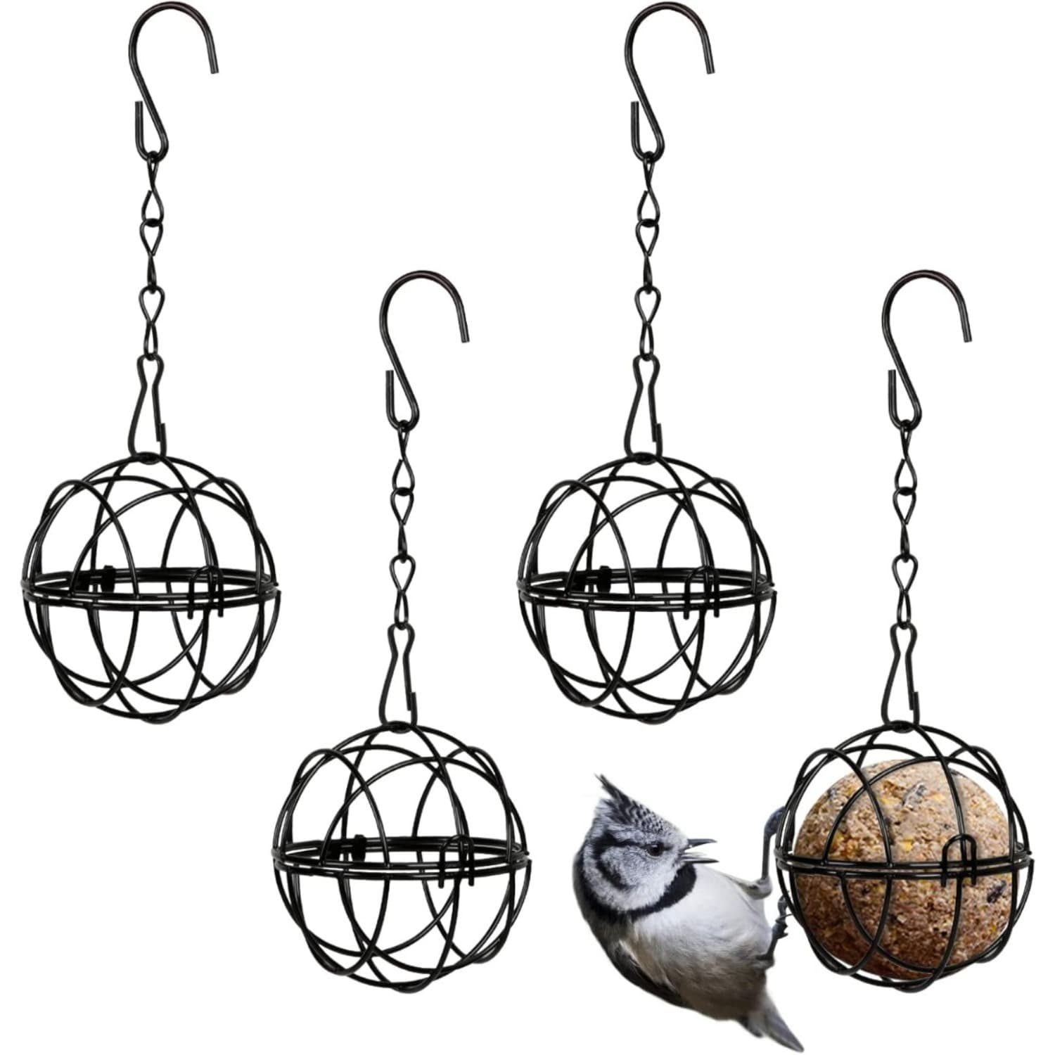 Set Of 4 Titmouse Suet Holder Bird Feeder Station For Hanging, Metal Bird Feeder With S-Shaped Hooks, Feeder For Wild Birds, Garden, Diameter 7 Cm, Black