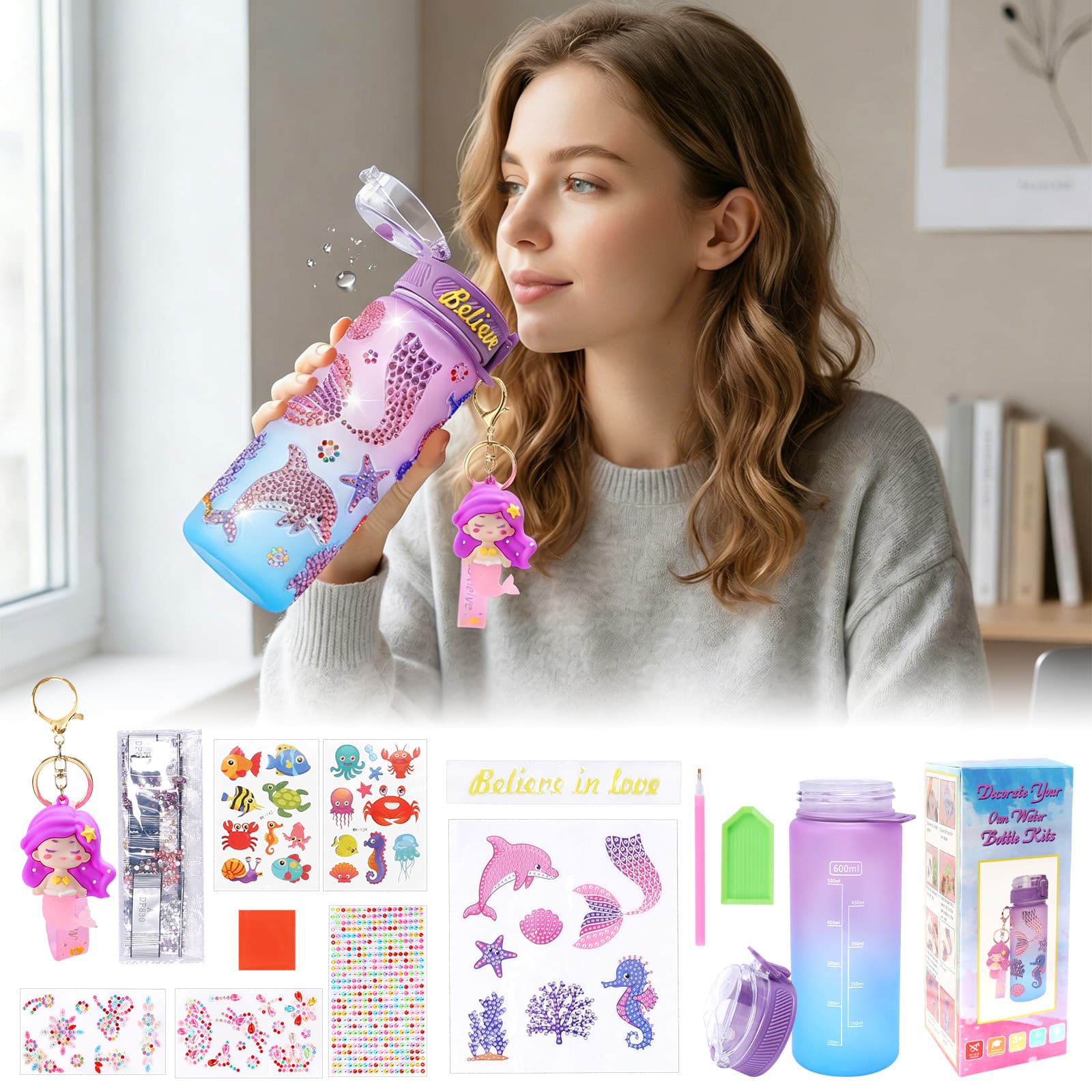 Mermaid Craft Kit With Drinking Cup & Keychain, 6 Sheets Of Stickers, Creative Gift Set For Adults, DIY Gift Idea For Birthday Party Decorations
