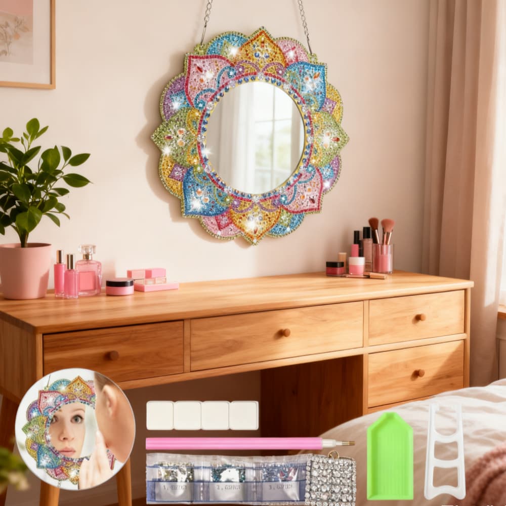 DIY Diamond Painting Mandala Mirror For Stress Relief | Handcrafted Artistic Makeup Mirror, Immersive Creative Experience: Handmade Diamond Art Makeup Mirror
