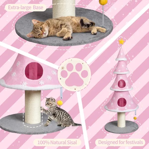 59in Large Tall Christmas Tree Cat Tower With 2 Cat Condos & Scratching Post, Soft Fleece Cat Tree With Teaser Toy & Sturdy Base & Built-in Openings For Indoor Cats, Pink