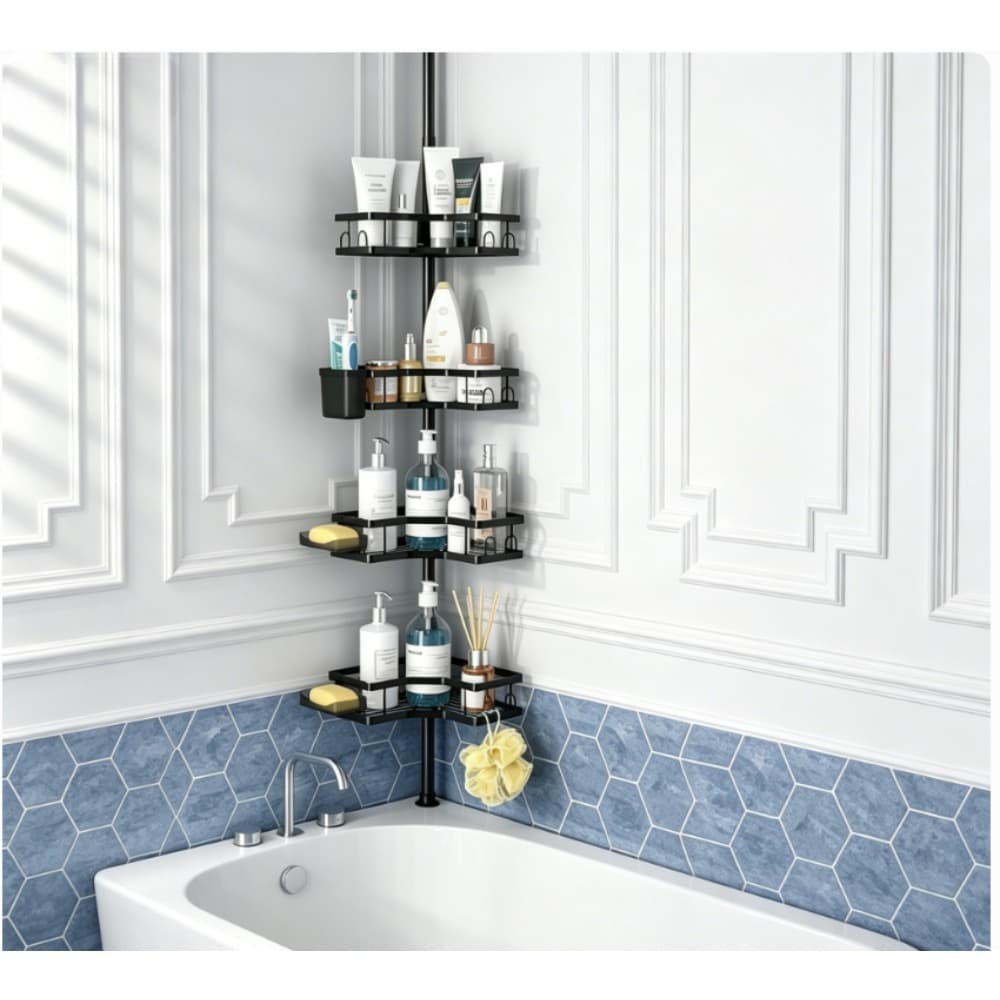 4-Tier Shower Shelf, Black, Telescopic Bathroom Shelf—No Drilling Required, Shower Shelf Party Accessory Set