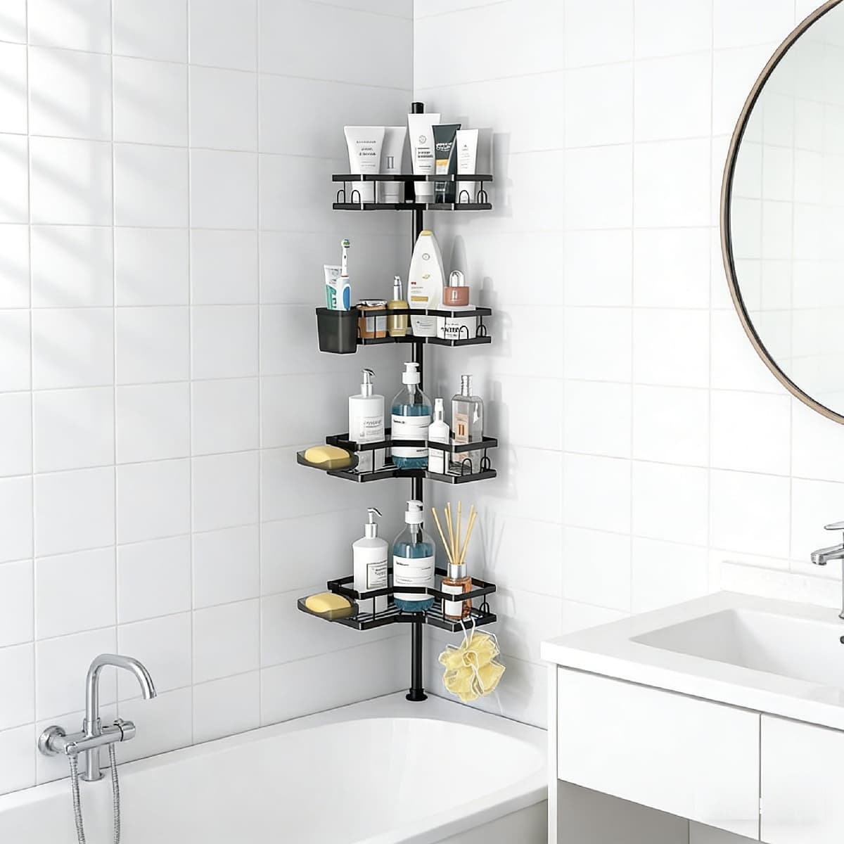 Telescopic Shower Shelf (No Drilling Required), 4-Layer, Black, For Bathroom Storage—Party Accessories Set