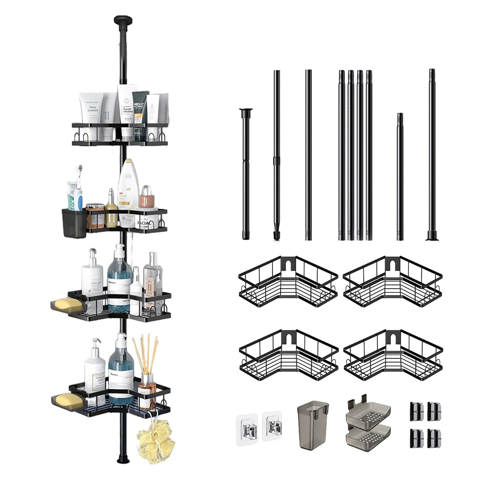 4-Tier Shower Shelf, Black, Telescopic Bathroom Shelf—No Drilling Required, Shower Shelf Party Accessory Set