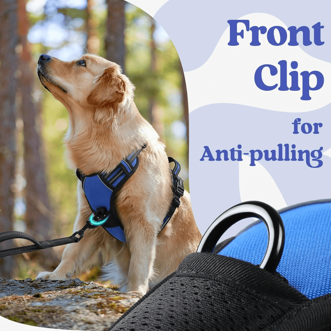 Dog Harness For Large, No Pull Easy On & Off With 3 Buckles Pet Harness, Adjustable Soft Walking Vest With 2 Clips And Handle, Reflective For Large Dogs, Blue, L
