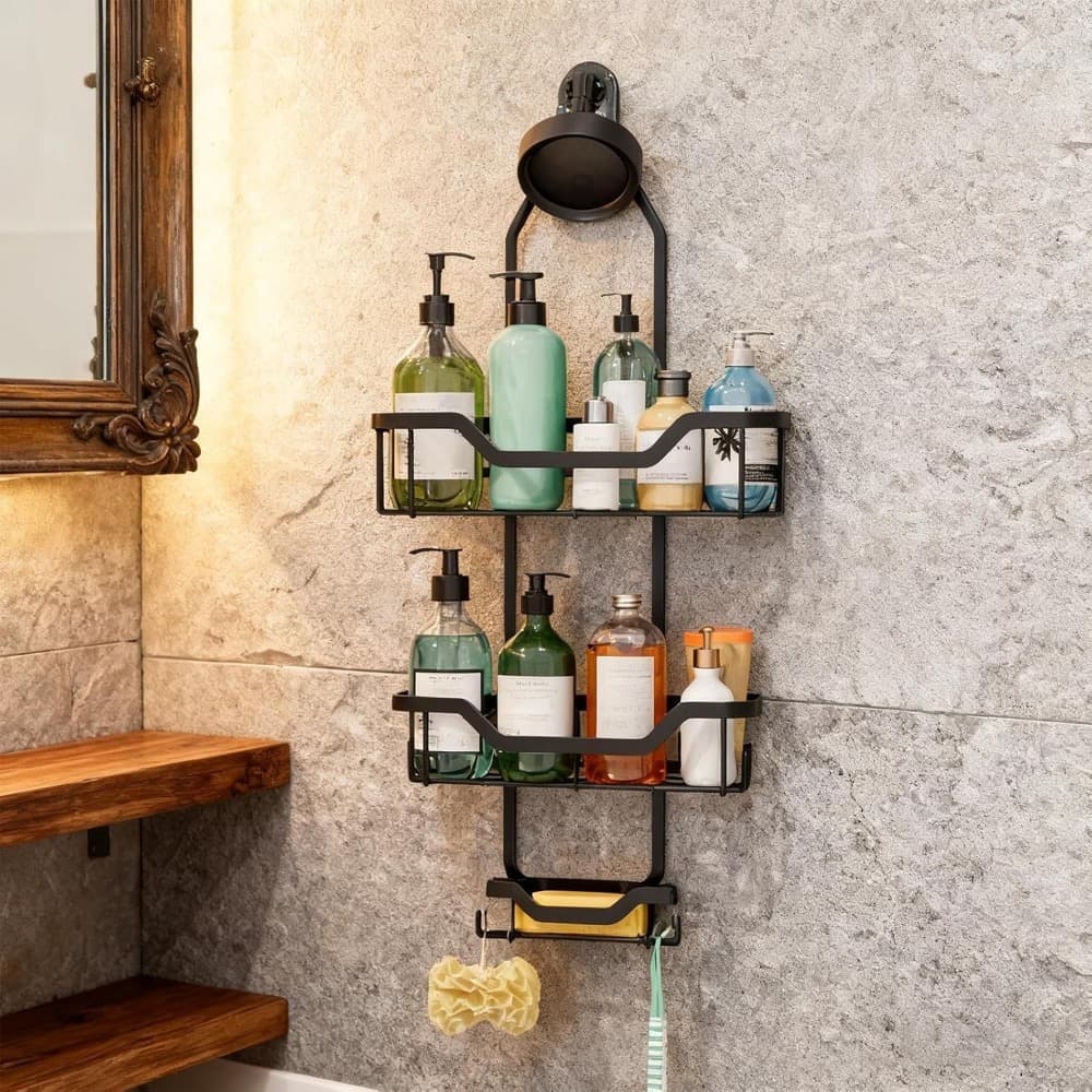 Wall-Mounted Bathroom Shelving Unit, 3 Levels, Black, For Showerhead And Accessories—Party Accessories Set