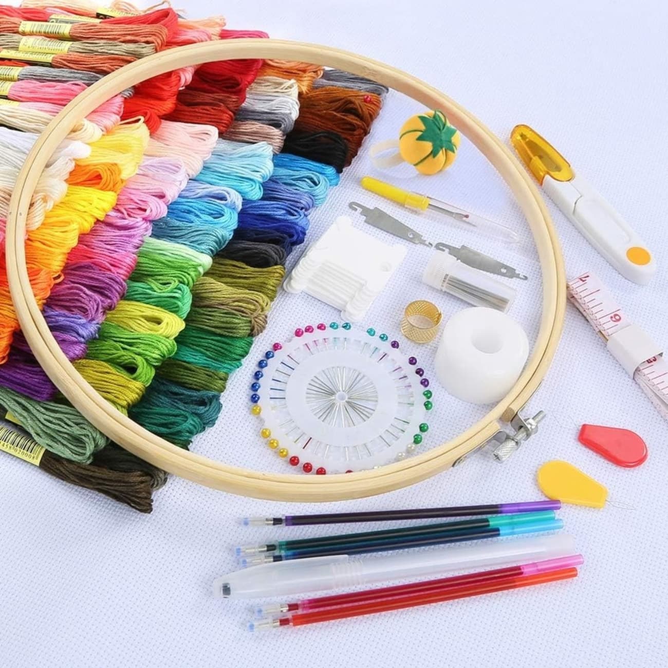 Hand Embroidery Starter Kit For Beginners And Adults, 100 Embroidery Threads, 5 Bamboo Embroidery Hoops, 3 Handkerchiefs, And A Cross-stitch Tool Set, Party Accessory Set