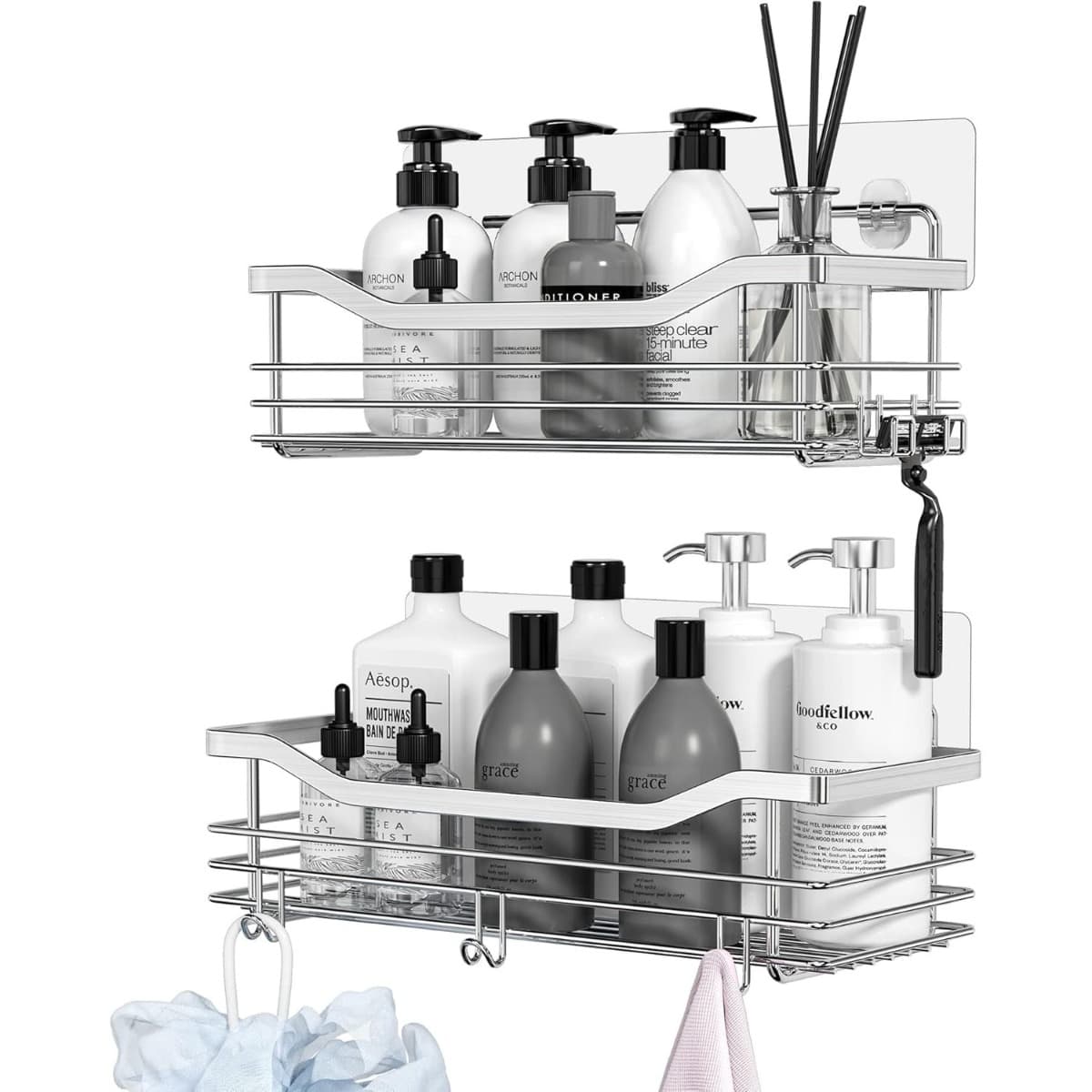 Shower Shelf With 5 Hooks; Shower Baskets For Bathroom, Kitchen, And Toilet; Set Of 2 Shower Shelves; No Drilling Required; Stainless Steel