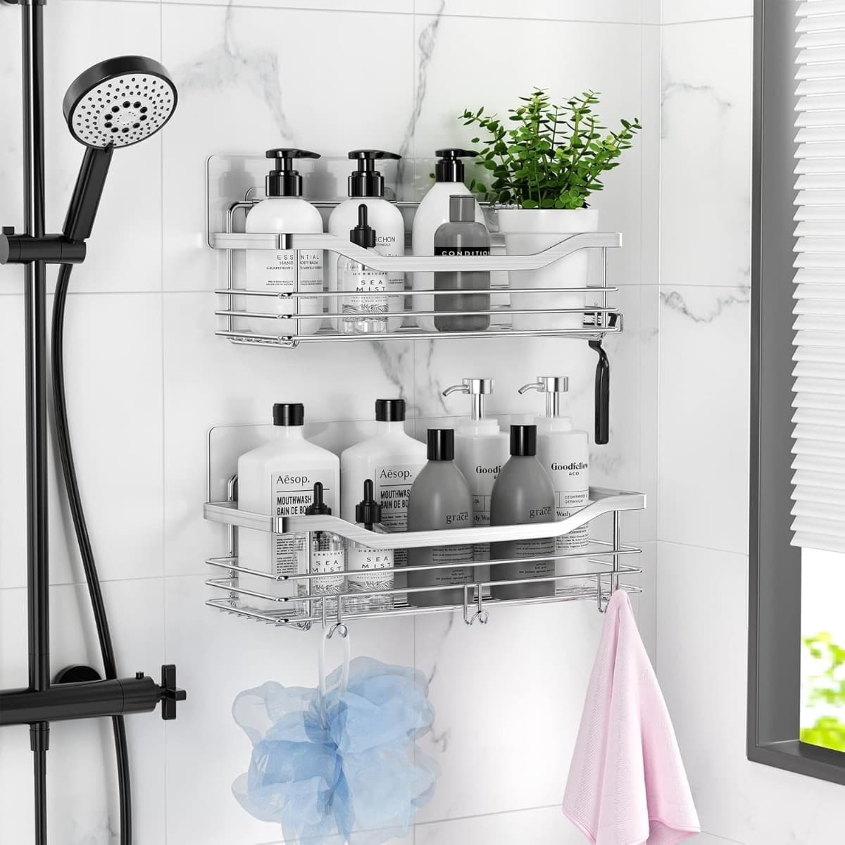 Shower Shelf With 5 Hooks; Shower Baskets For Bathroom, Kitchen, And Toilet; Set Of 2 Shower Shelves; No Drilling Required; Stainless Steel