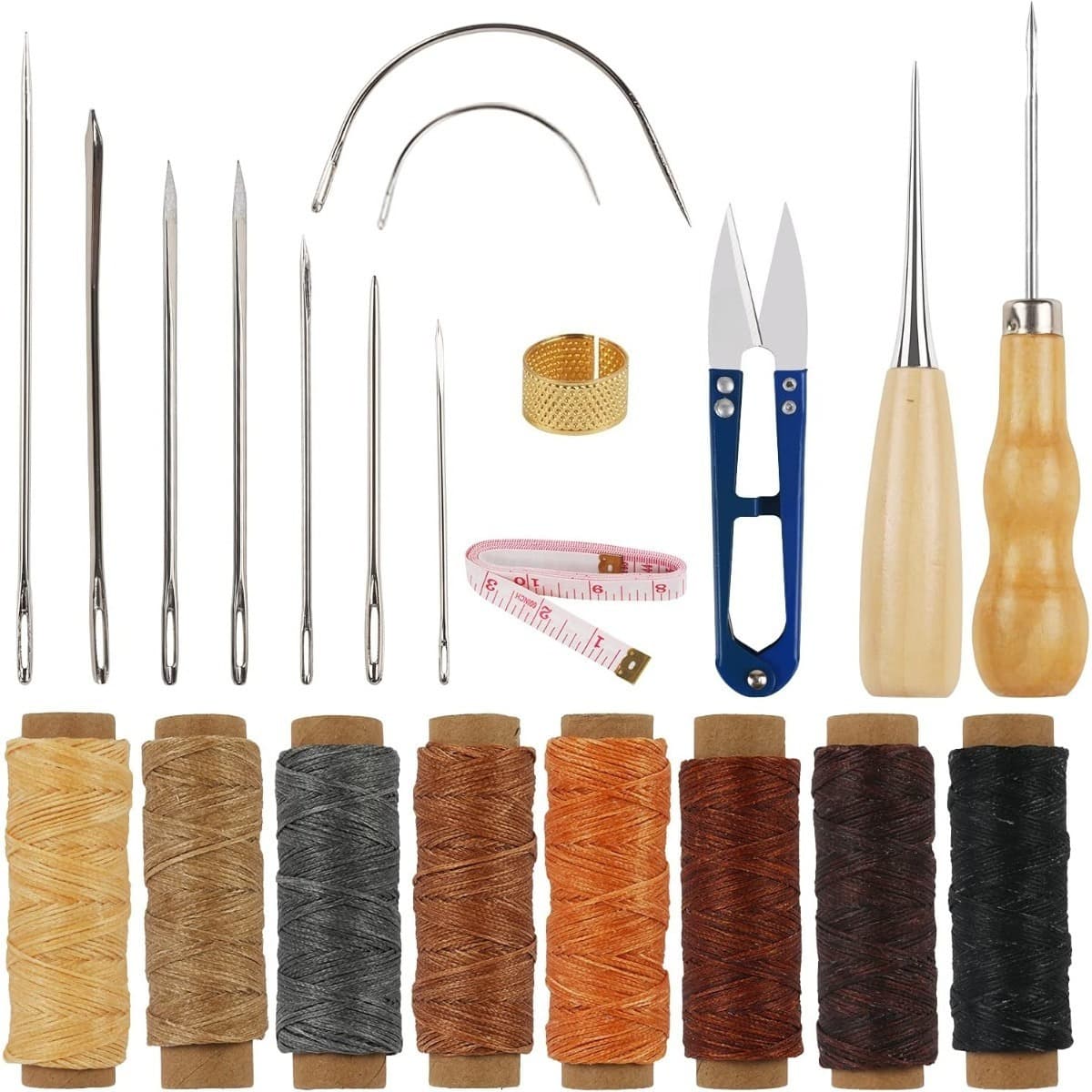 22-Piece Leather Sewing Kit For Leather Crafts. The Leather Sewing Kit Includes A Leather Awl, Hand Leather Needles, 8 Spools Of Waxed Leather Thread, And 9 Leather Needles—sewing Accessories