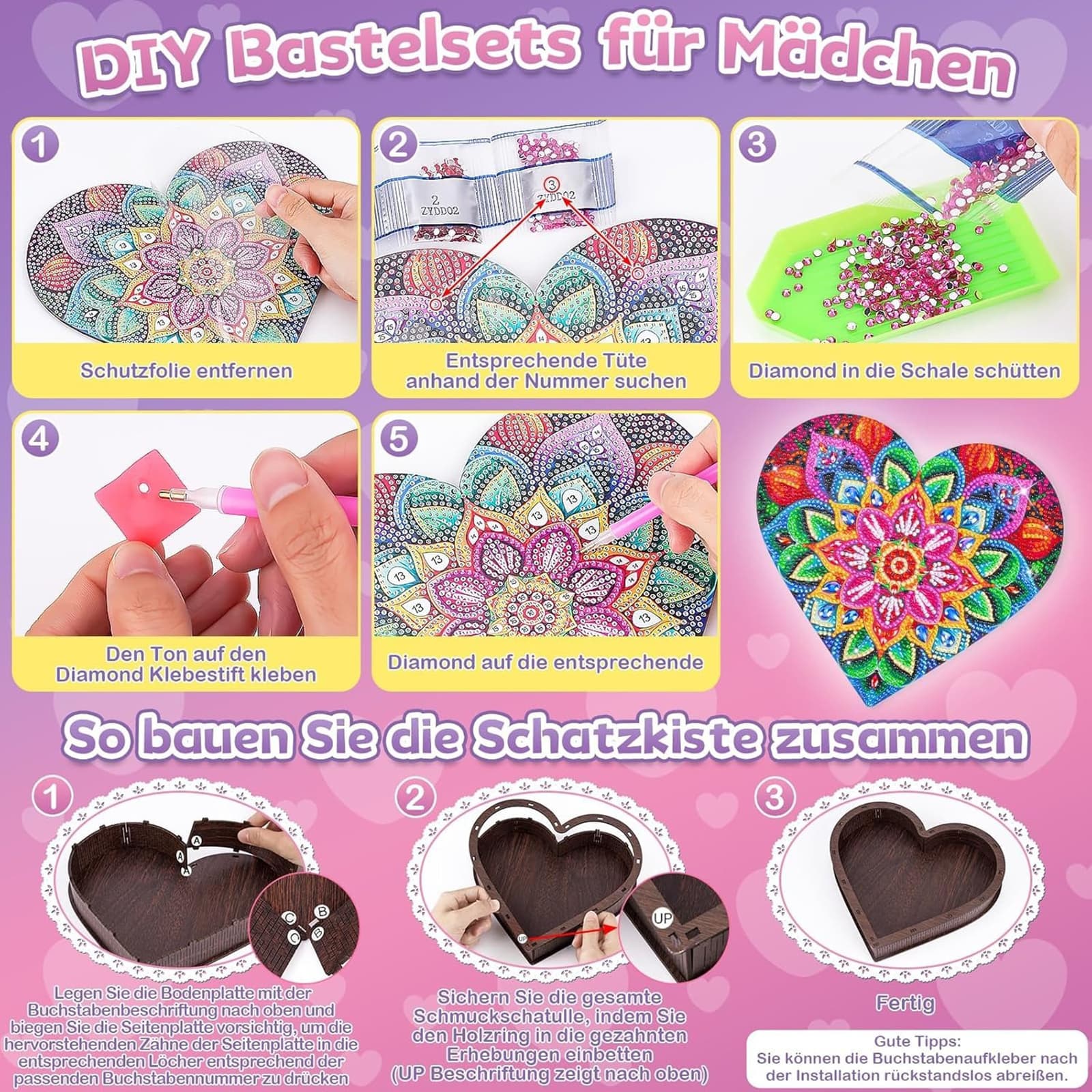 DIY Diamond Heart Jewelry Box – Creative Craft Kit For A Custom-Designed Heart-Shaped Jewelry Box – Party Supplies Set