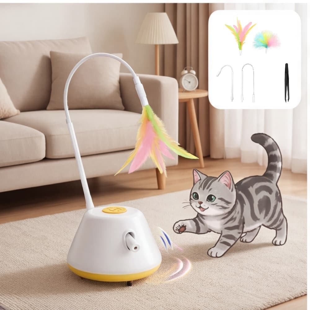 Interactive Cat Toy In Yellow With Feathers,  Indoor Cat Toy, Engaging Toy For Indoor Cats Party Accessory Set