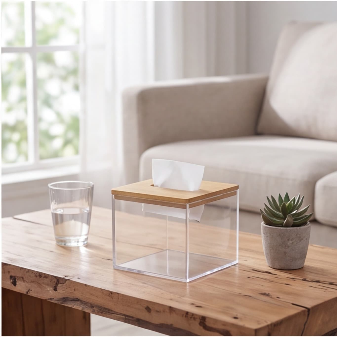 Acrylic Tissue Box With Bamboo Lid, Transparent Storage With Drawer For Living Room Party Supplies Set