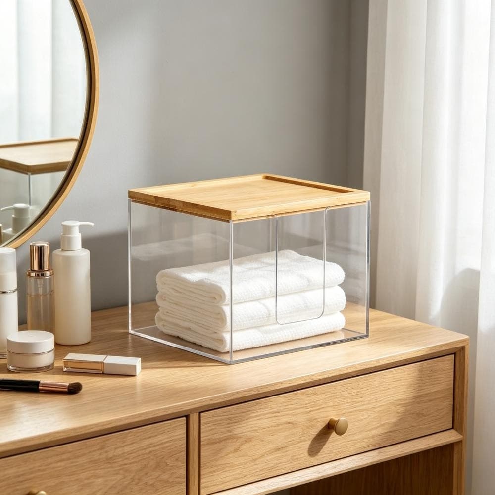 Acrylic Tissue Box With Bamboo Lid And Drawer, Clear Storage For Home Party Supplies Set