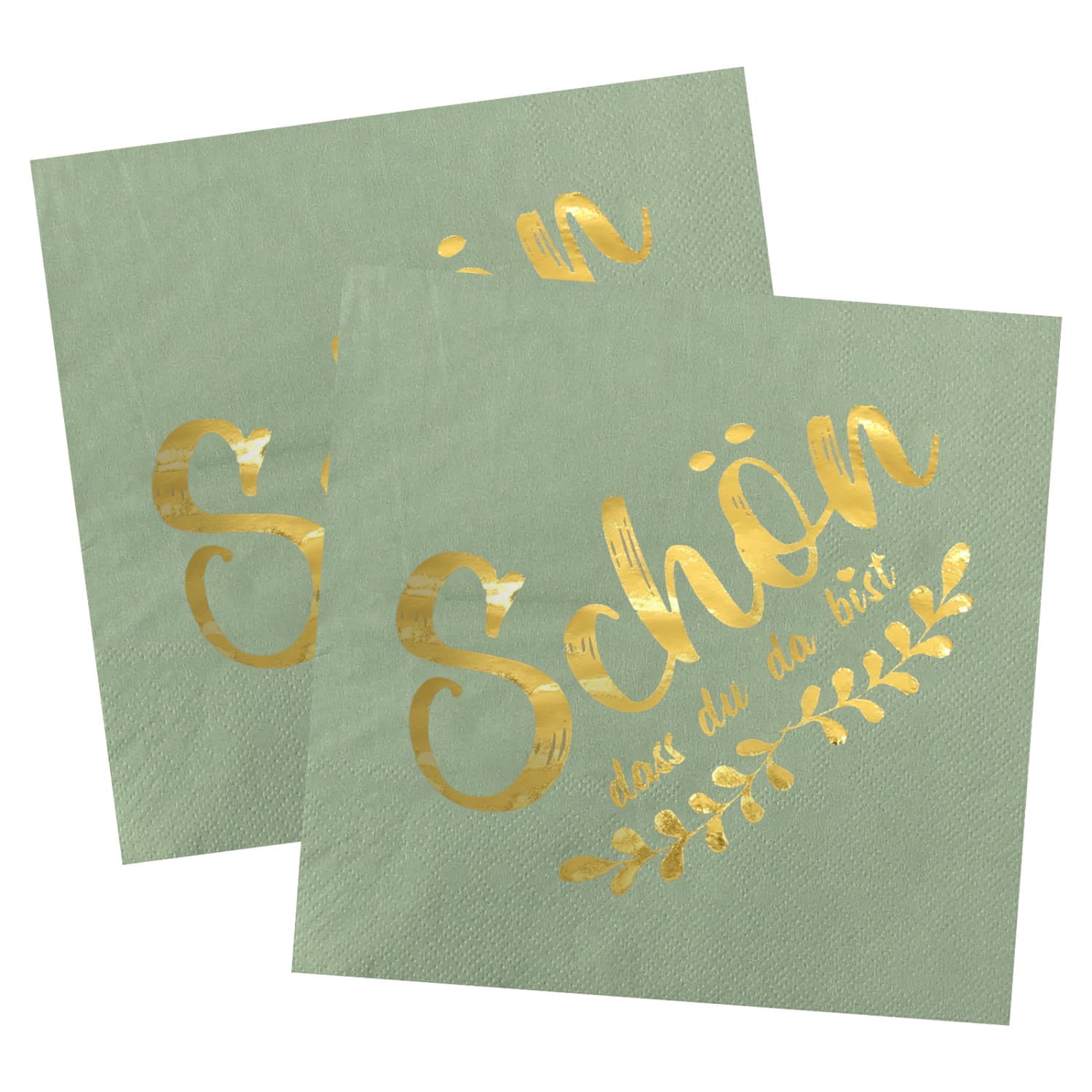 Set Of 40 Beautiful Napkins, Table Decorations Measuring 33 X 33 Cm. Perfect For Weddings And Birthdays, With A Sage Green Background And Gold Lettering. Party, First Communion, Baptism Accessories