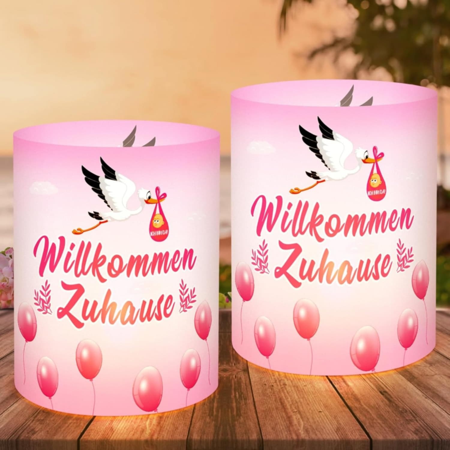 Set Of 12 Lantern Table Decorations: “Welcome Home” Pink Stork Birth Lanterns, Party Table Decorations, “Welcome Home” Decorations. Suitable For Candles Or Tea Lights—table Centerpieces