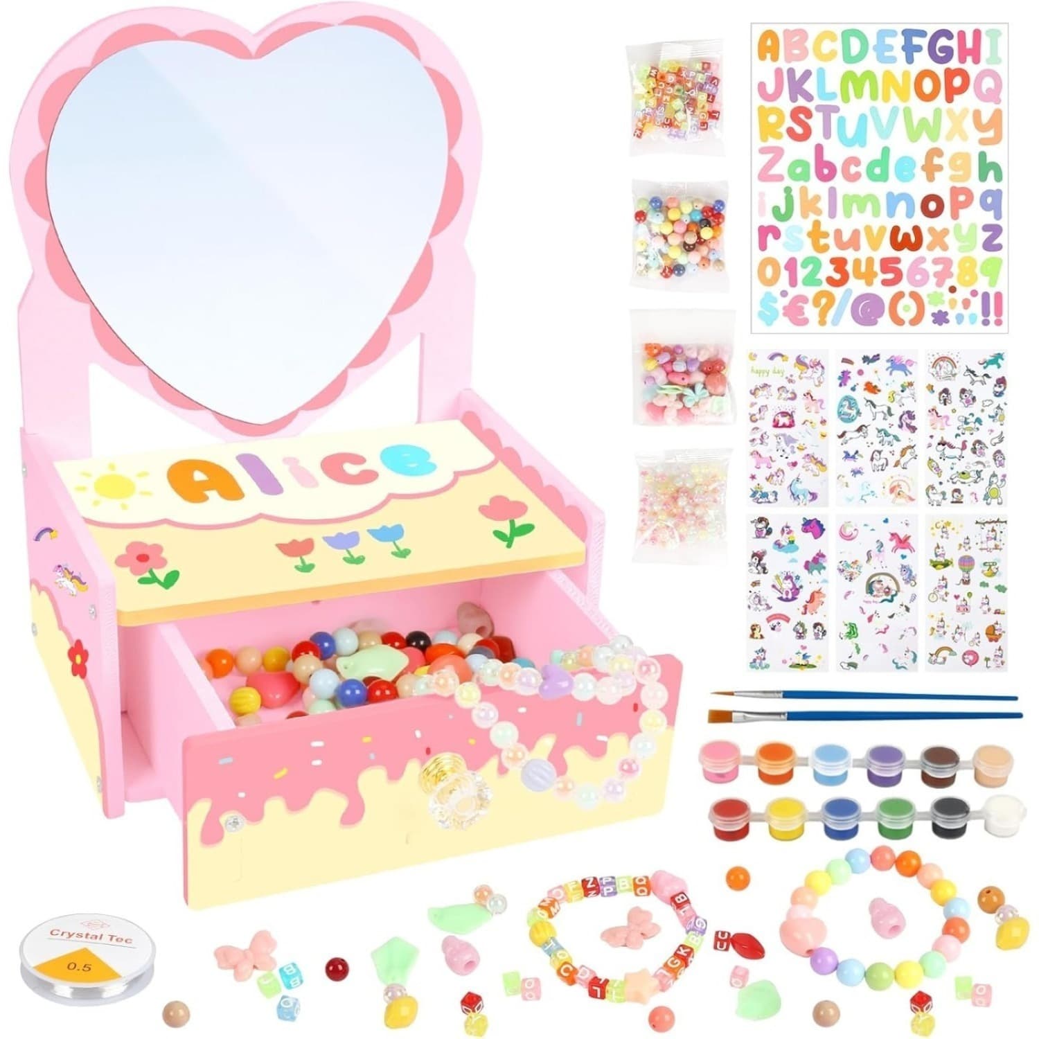 Jewelry Box Craft Kit, Gift Treasure Chest, Wooden, Paintable, Heart-Shaped Makeup Case, Wooden Craft Kit With Unicorn Stickers For Parties