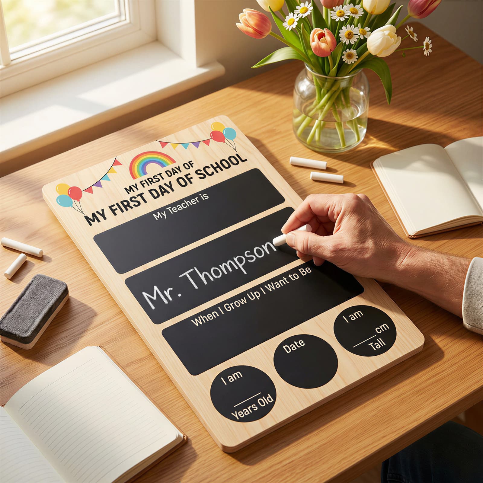 Wooden Milestone Board For The First Day Of School – A Writable, Double-sided Chalkboard With Chalk And An Eraser