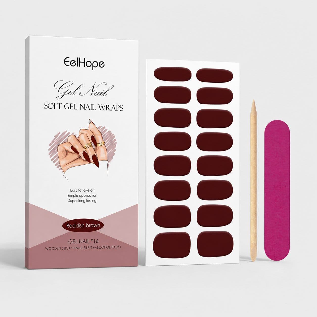 EELHOPE Soft Gel Nail Sticker Set, Red Brown, 1 Set