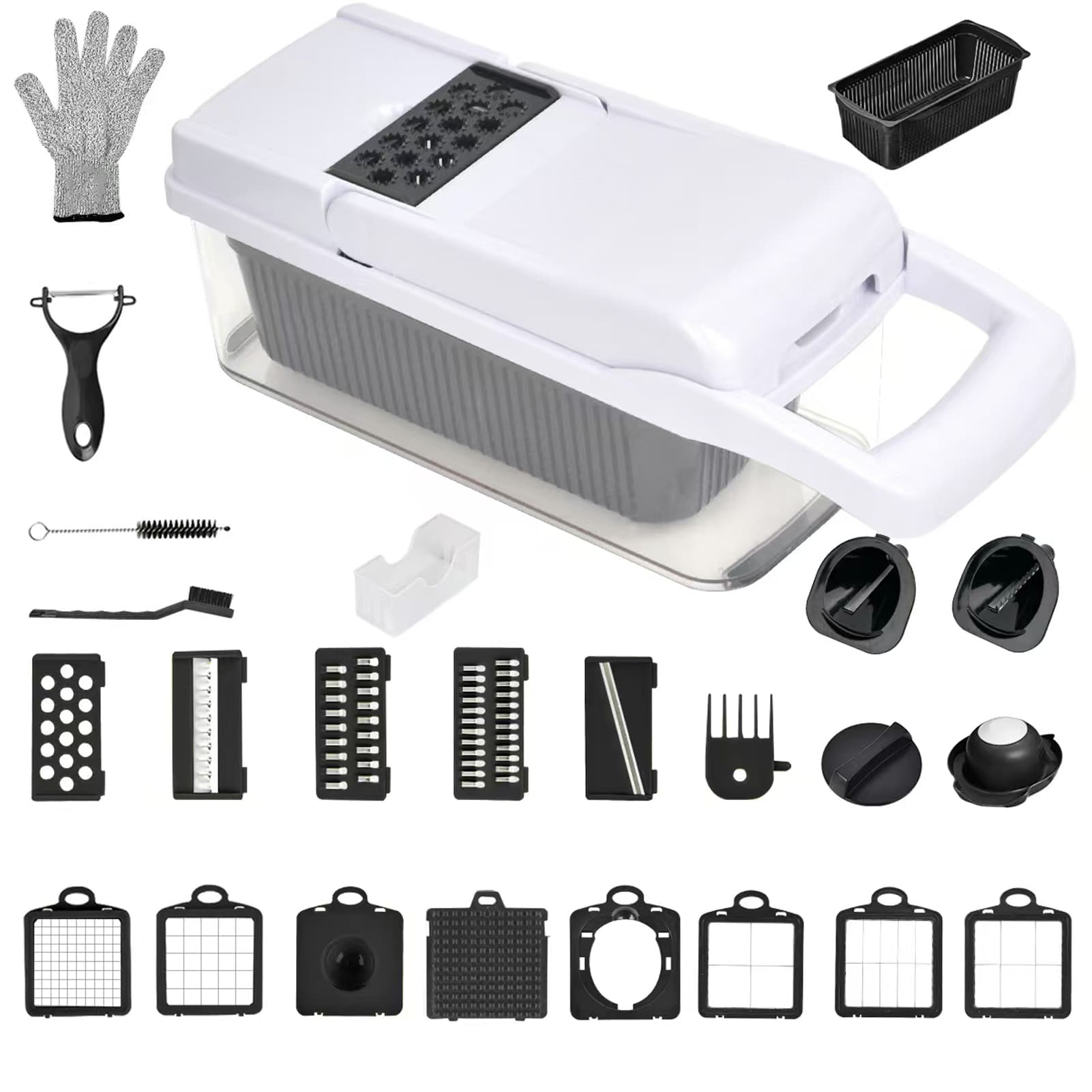 26 In 1 Vegetable Chopper With Container And Lid Manual Hand Veggie Chopper Food Processor For Onion Garlic Multifunctional Kitchen Dicer Chopper With Egg White Separator Hand Guard Black And White