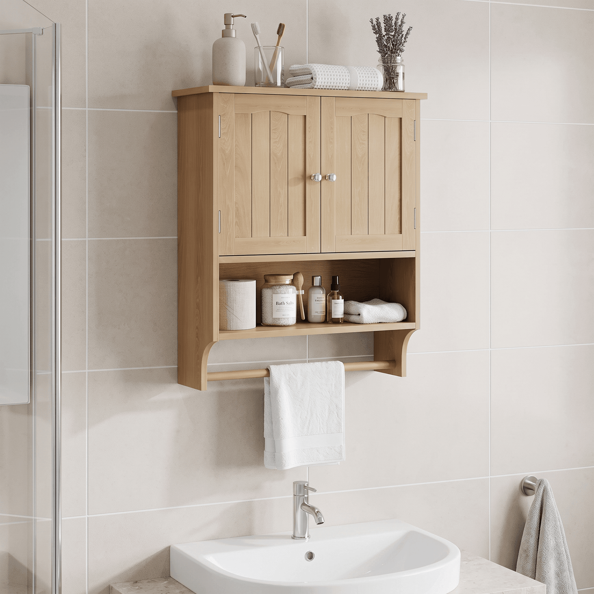 Oak-colored Wall-mounted Bathroom Vanity With Towel Rack And 2 Adjustable Shelves Suitable For Laundry Rooms, Kitchens Or Bathrooms.