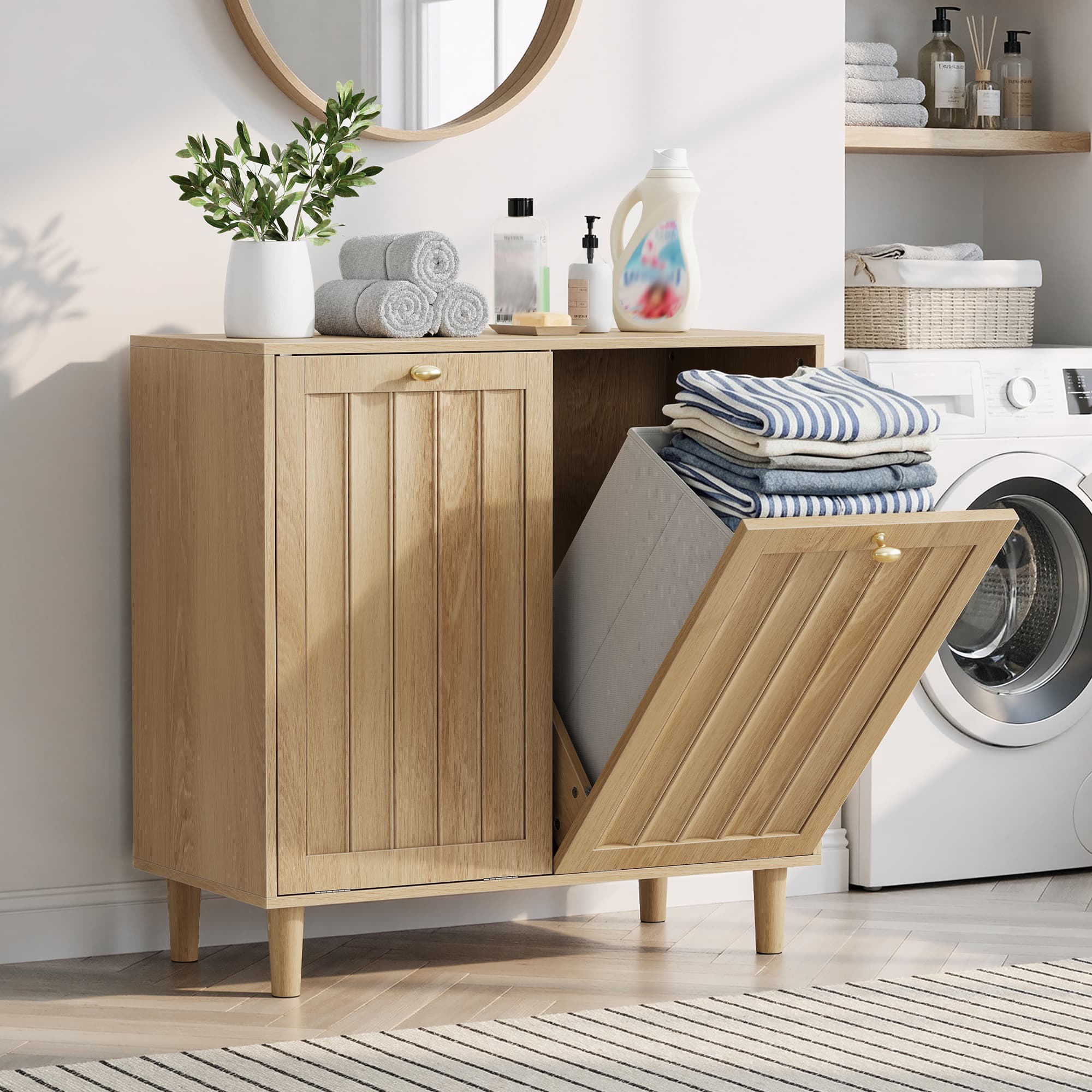 Slanted Laundry Basket With Removable Inner Basket, Suitable For Bathroom Laundry Cabinets, Concealed Laundry Baskets, Freestanding Household Shelves, Oak Color.