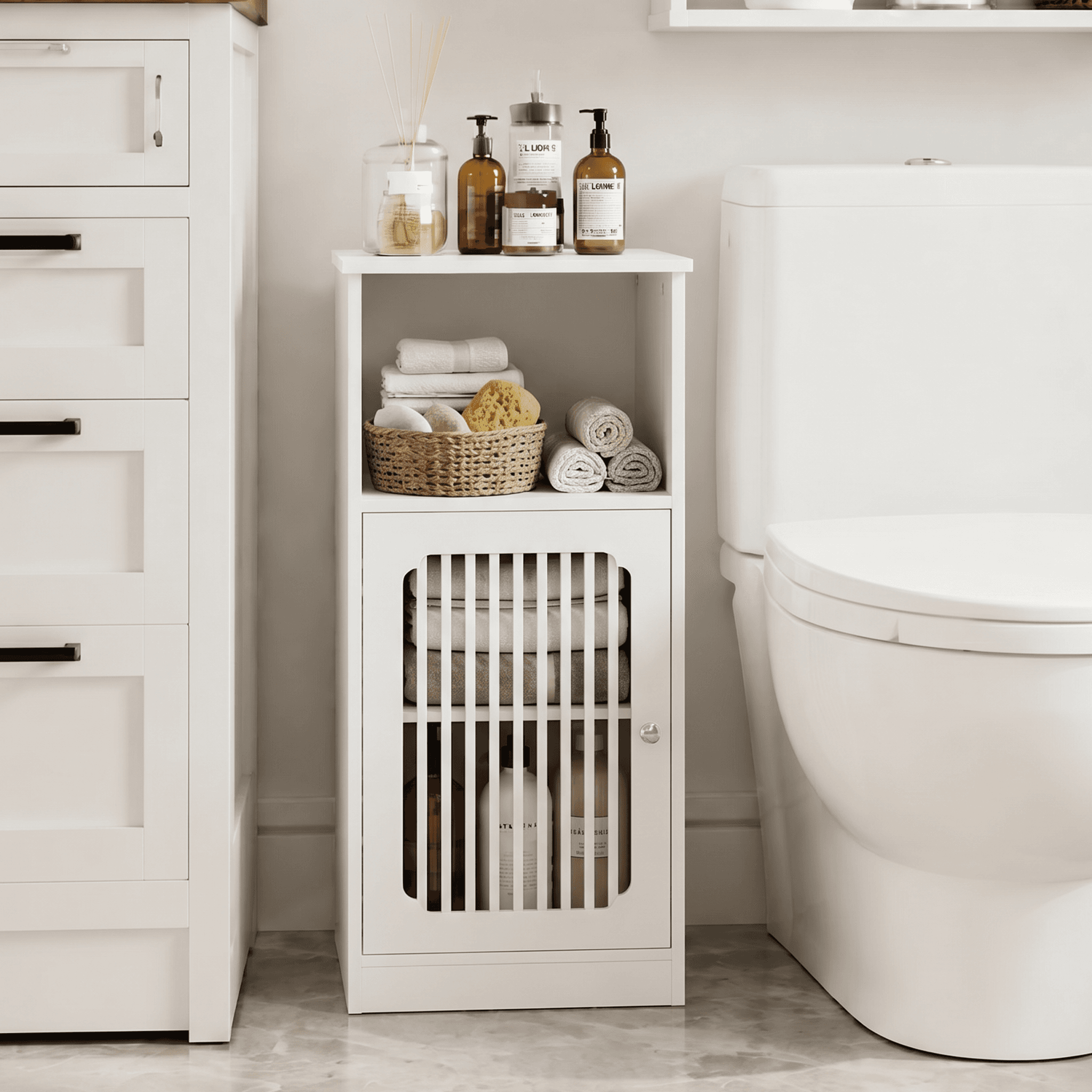 Bathroom Low Cabinet, Louvered Door Floor-standing Bathroom Storage Cabinet, Multi-layer Bathroom Storage Cabinet, White