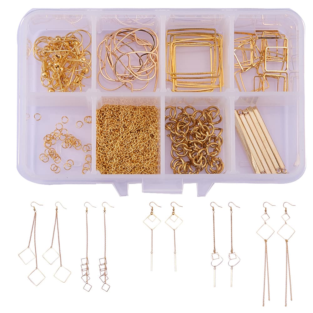 Earring Making, with Brass Heart Linking Rings, Rectangle Brass Pendants, 304 Stainless Steel Open Jump Rings, Golden